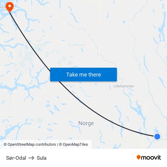 Sør-Odal to Sula map