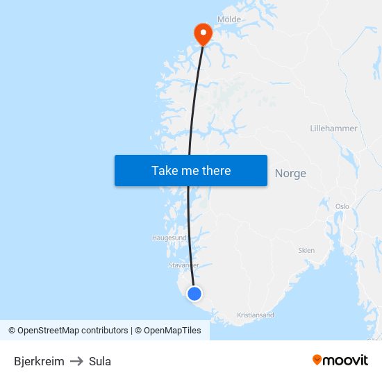 Bjerkreim to Sula map