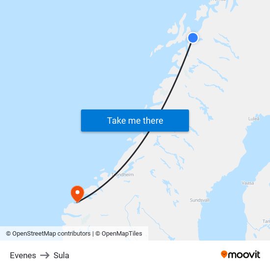 Evenes to Sula map