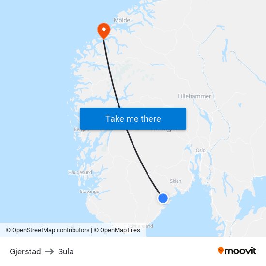 Gjerstad to Sula map