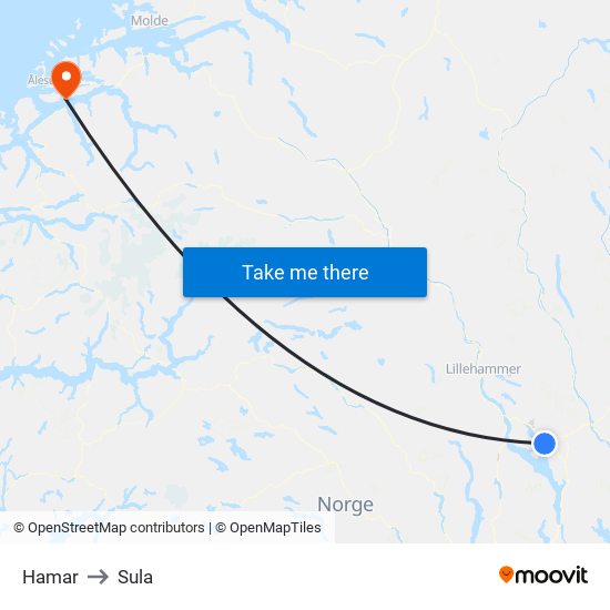 Hamar to Sula map