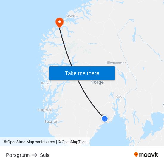 Porsgrunn to Sula map