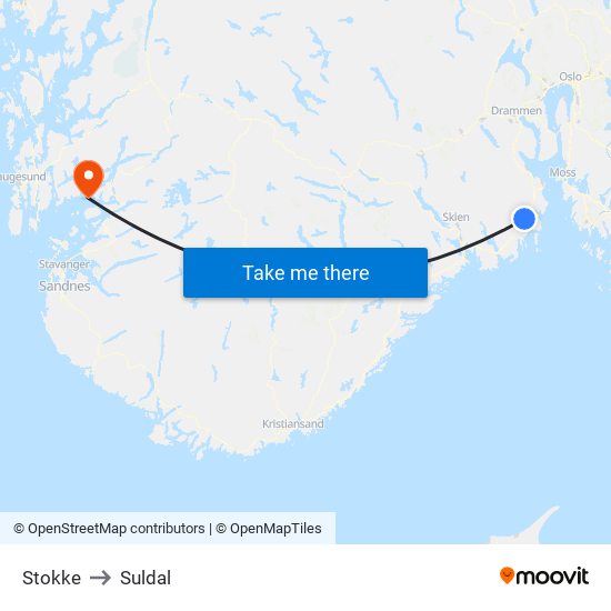 Stokke to Suldal map