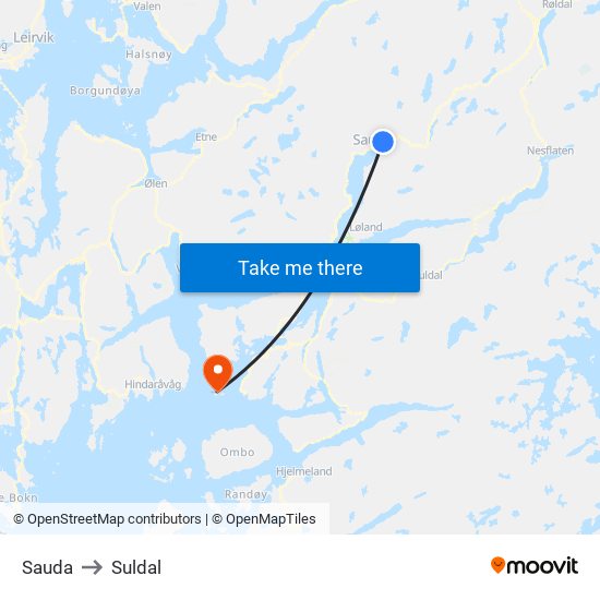 Sauda to Suldal map