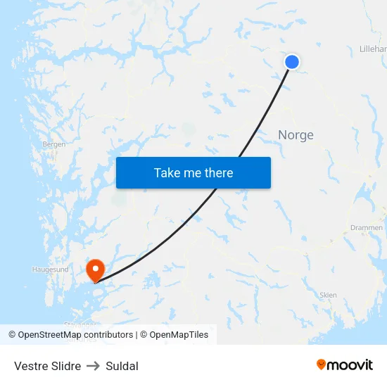 Vestre Slidre to Suldal map