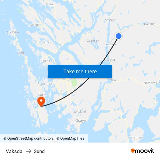 Vaksdal to Sund map