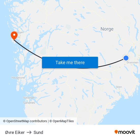 Øvre Eiker to Sund map