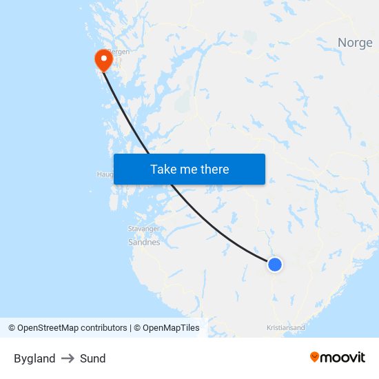 Bygland to Sund map