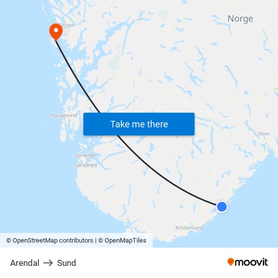 Arendal to Sund map