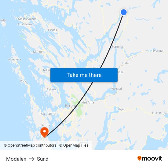 Modalen to Sund map