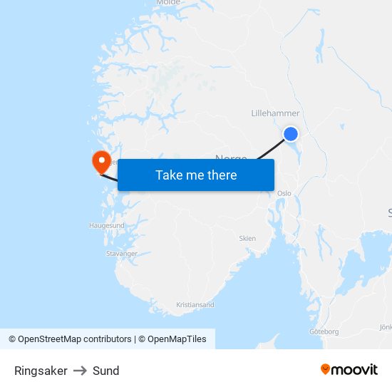 Ringsaker to Sund map