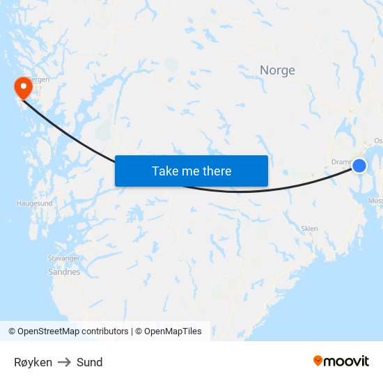 Røyken to Sund map