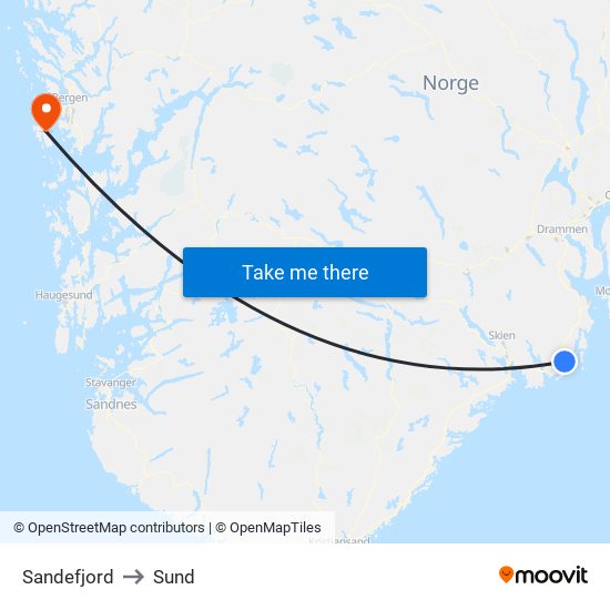 Sandefjord to Sund map