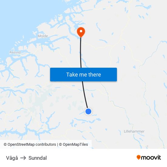 Vågå to Sunndal map