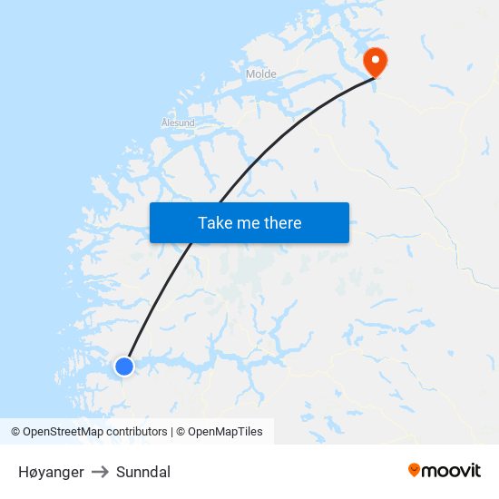 Høyanger to Sunndal map