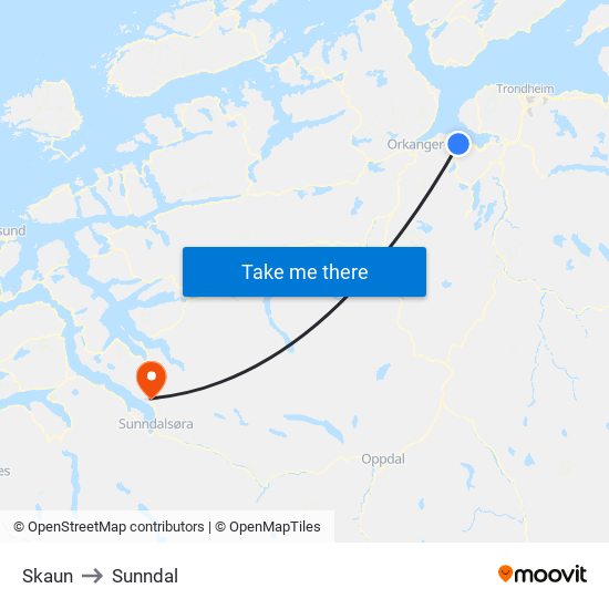 Skaun to Sunndal map