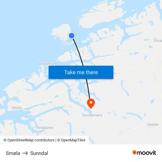 Smøla to Sunndal map