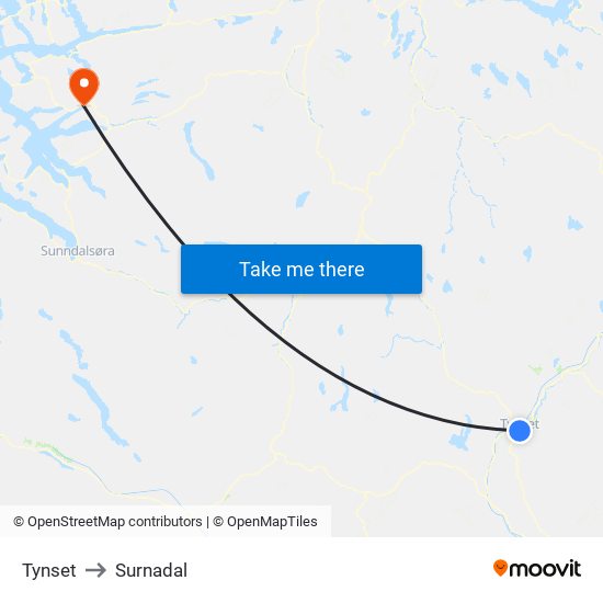 Tynset to Surnadal map
