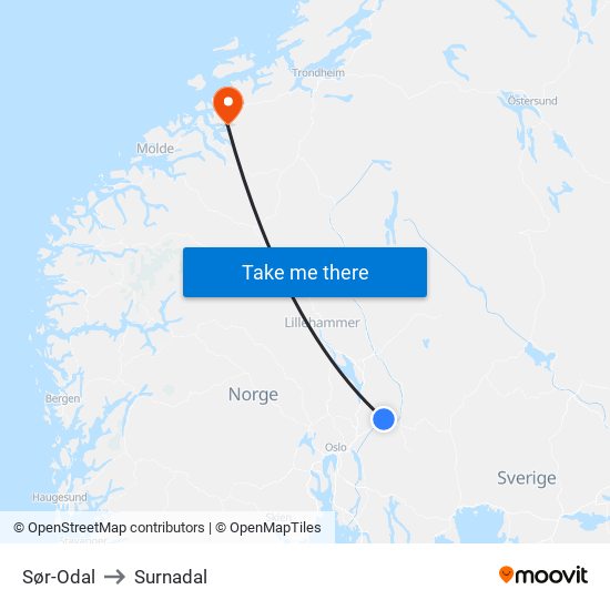 Sør-Odal to Surnadal map