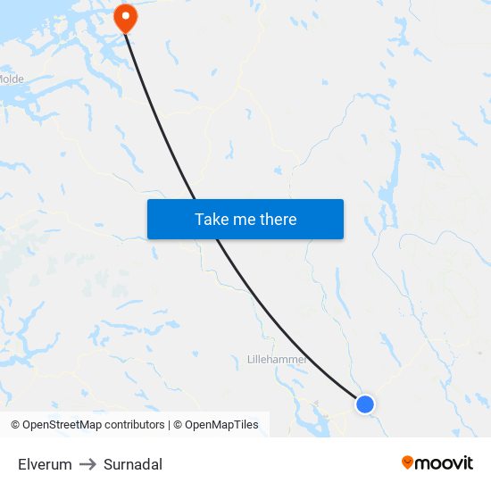 Elverum to Surnadal map