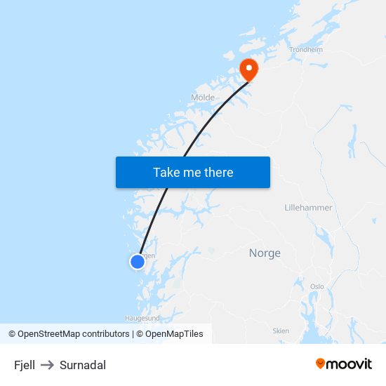 Fjell to Surnadal map