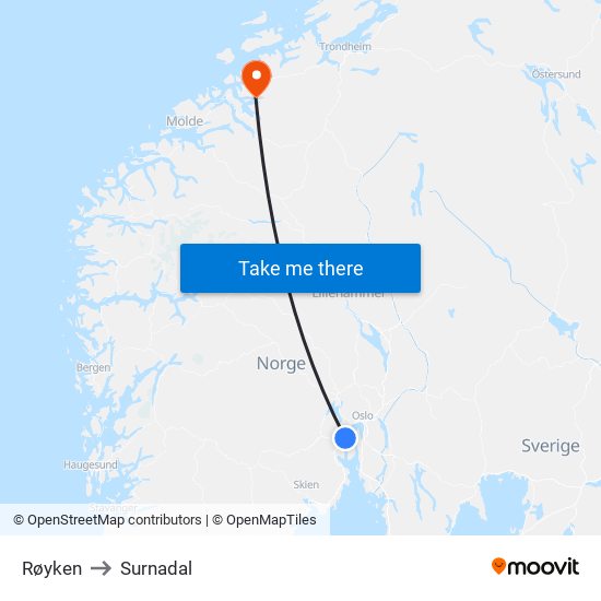 Røyken to Surnadal map