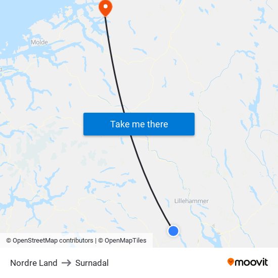 Nordre Land to Surnadal map