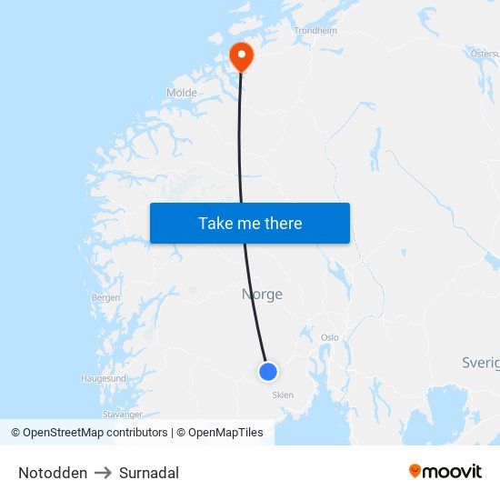 Notodden to Surnadal map