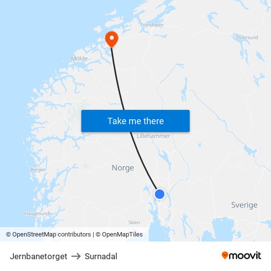 Jernbanetorget to Surnadal map