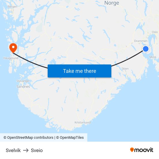 Svelvik to Sveio map