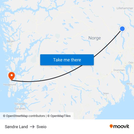 Søndre Land to Sveio map