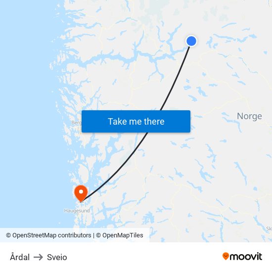 Årdal to Sveio map