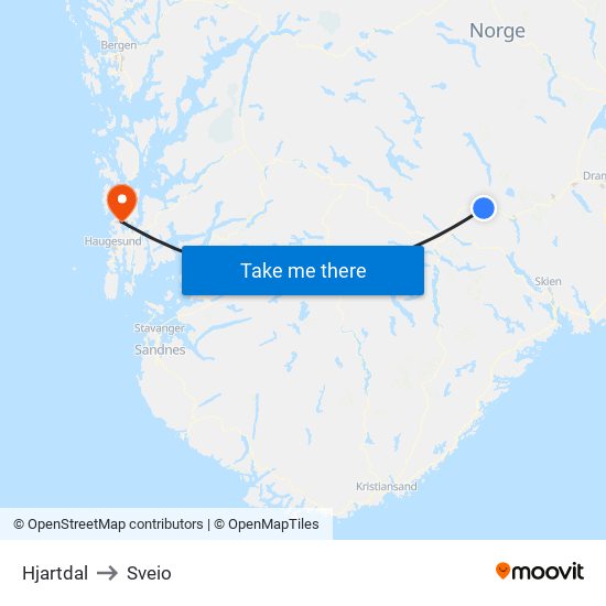 Hjartdal to Sveio map