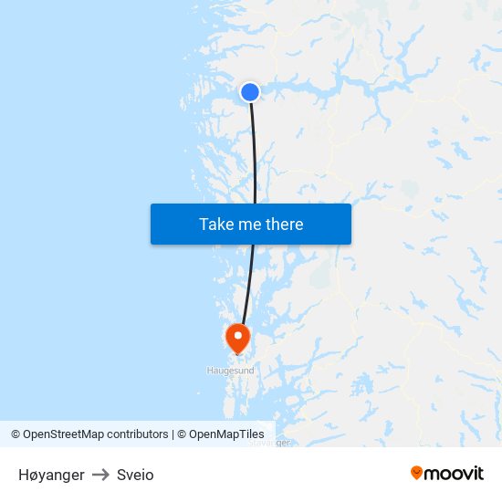 Høyanger to Sveio map