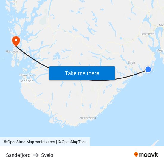 Sandefjord to Sveio map