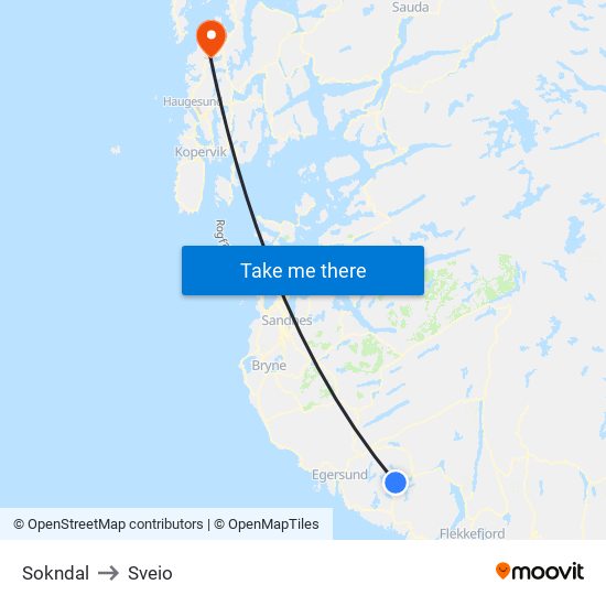 Sokndal to Sveio map