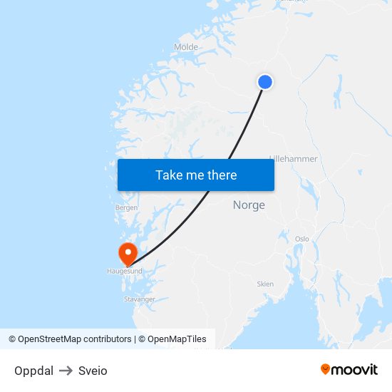 Oppdal to Sveio map