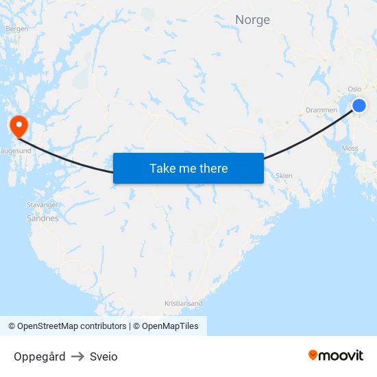 Oppegård to Sveio map
