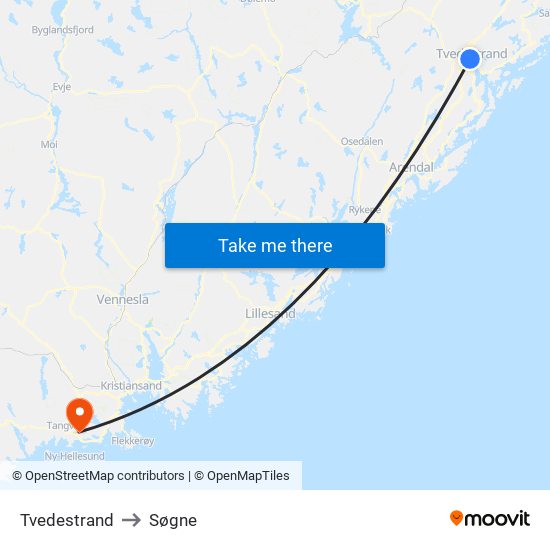 Tvedestrand to Søgne map