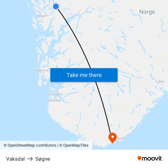 Vaksdal to Søgne map