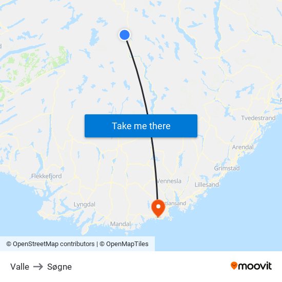 Valle to Søgne map