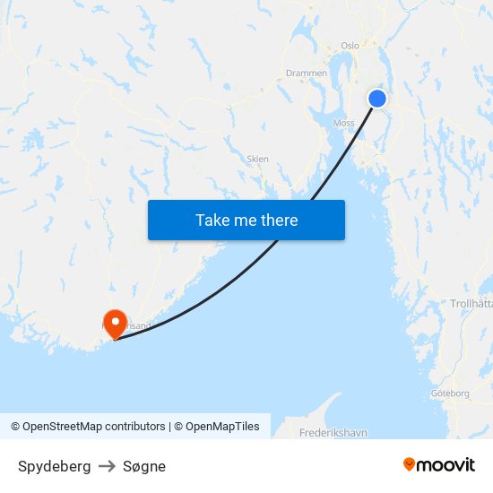 Spydeberg to Søgne map