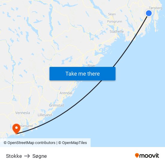 Stokke to Søgne map