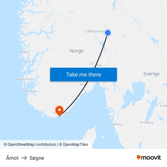 Åmot to Søgne map