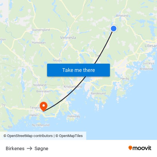 Birkenes to Søgne map