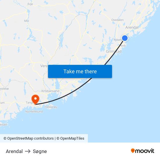 Arendal to Søgne map