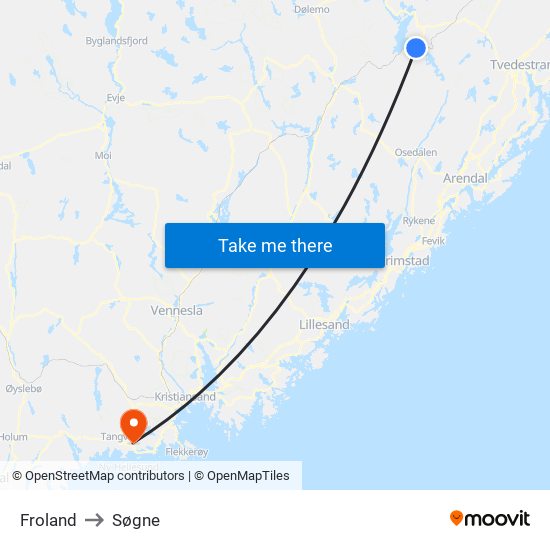 Froland to Søgne map