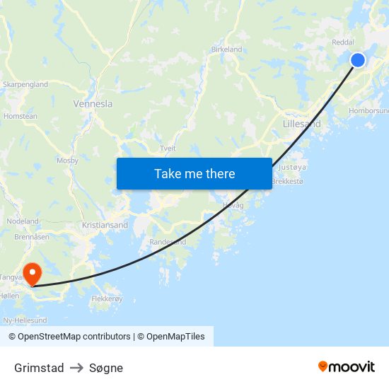 Grimstad to Søgne map