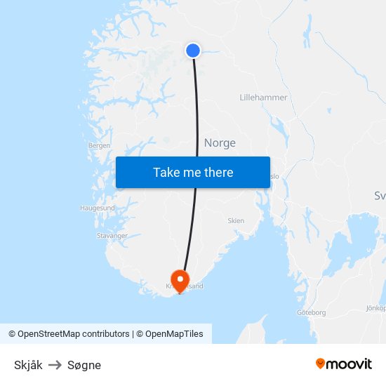 Skjåk to Søgne map