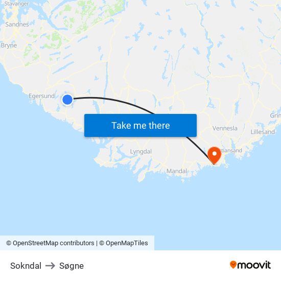 Sokndal to Søgne map